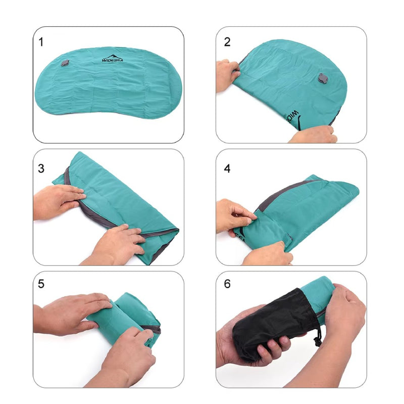 This product is an inflatable camping pillow designed for outdoor enthusiasts. It features a compact, lightweight design that is easy to pack and carry. The pillow provides ergonomic support for your head and neck, ensuring comfort during camping, hiking, or traveling. It's made from durable, water-resistant materials and inflates quickly with minimal effort. A soft, skin-friendly surface enhances relaxation, and the pillow deflates easily for convenient storage in its included travel pouch. Perfect for tho