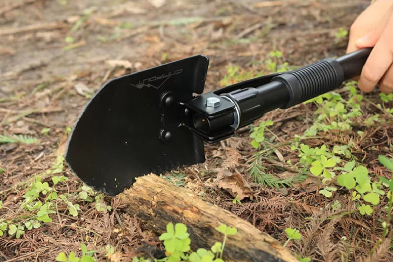 Foldable Camping Shovel: Compact, lightweight 2-in-1 tool with shovel and pickaxe modes. Perfect for camping, survival, and trail maintenance tasks.