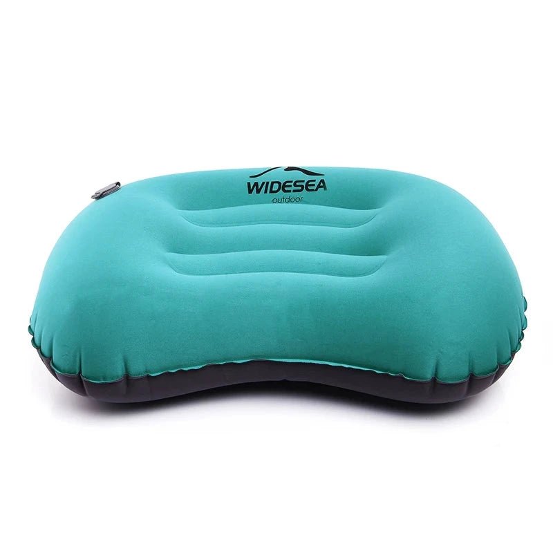 This product is an inflatable camping pillow designed for outdoor enthusiasts. It features a compact, lightweight design that is easy to pack and carry. The pillow provides ergonomic support for your head and neck, ensuring comfort during camping, hiking, or traveling. It's made from durable, water-resistant materials and inflates quickly with minimal effort. A soft, skin-friendly surface enhances relaxation, and the pillow deflates easily for convenient storage in its included travel pouch. Perfect for tho