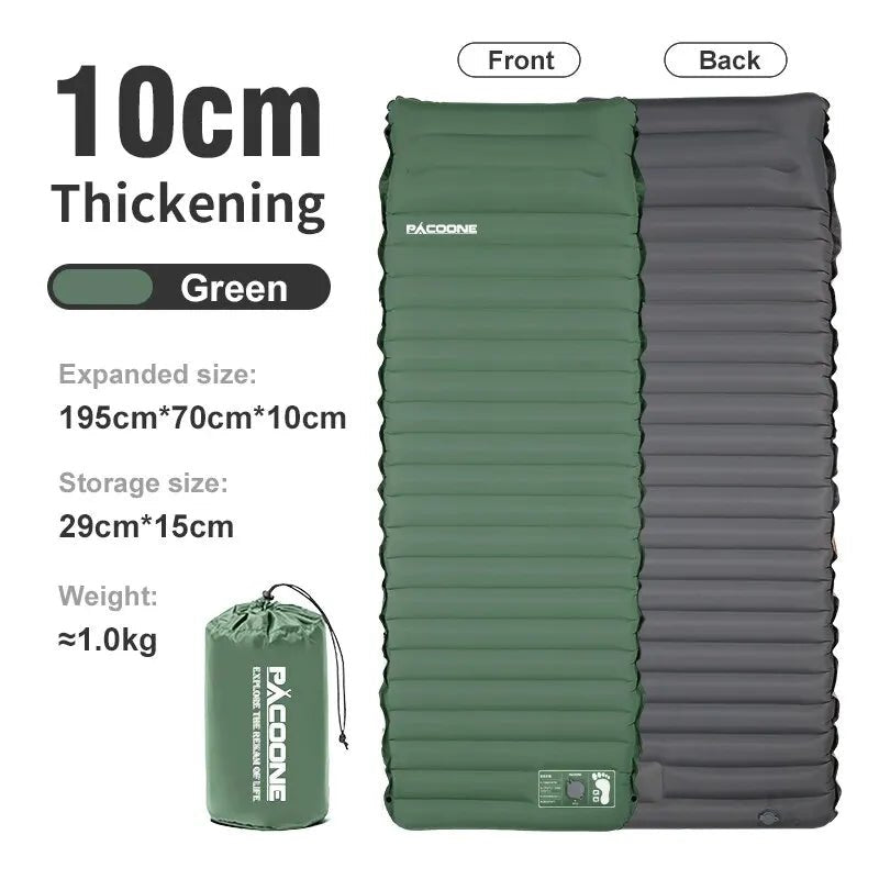 Self-Inflating Sleeping Pad: Durable, thick, and easy to inflate with a built-in foot pump. Lightweight and compact, perfect for camping comfort.